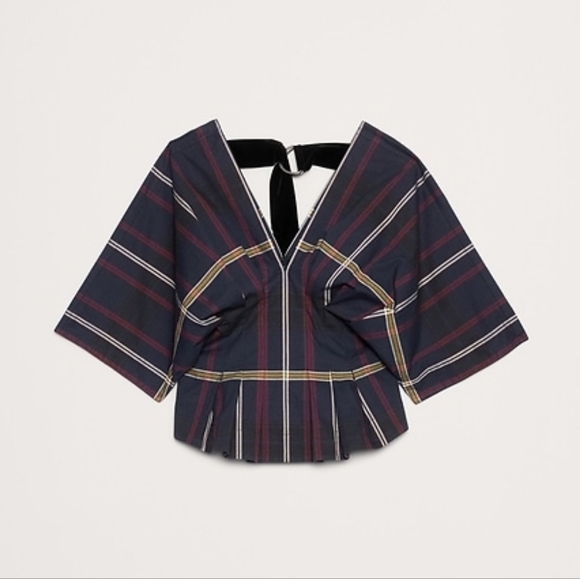 NWT Banana Republic Stretch-Cotton Pleated Top Large Navy Blue Plaid - Picture 4 of 5